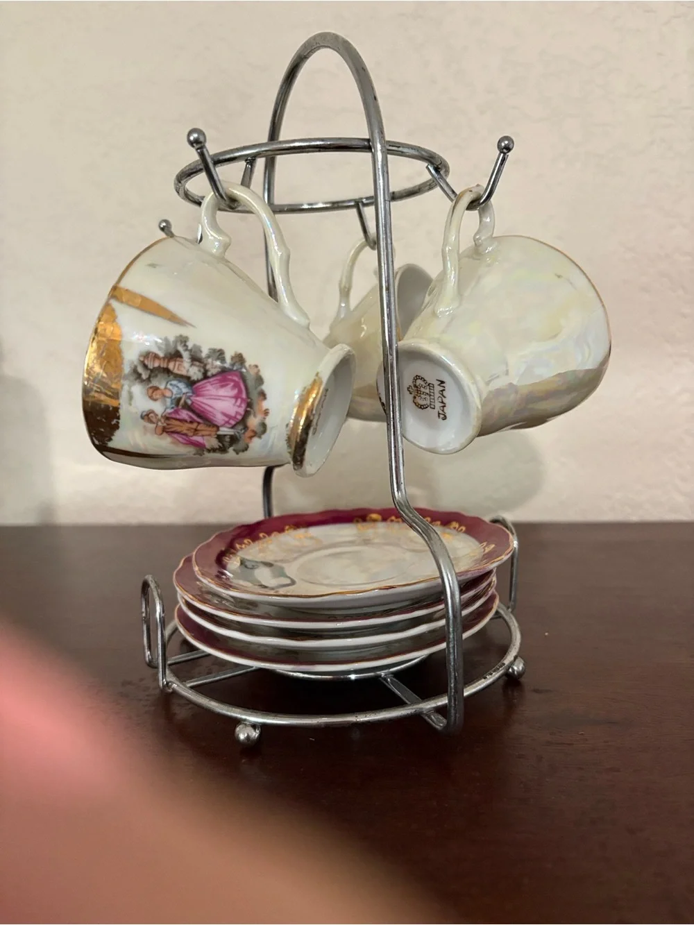 Porcelain Demitasse Cup & Saucer Set with Metal Stand - Cream and Gold